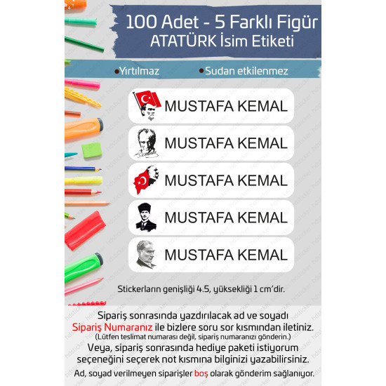 100 Adet Atatürk İsme Özel Okul Etiketi Kalem Defter Özel İsim Yazılabilen Sticker P1 100 Adet Atatürk İsme Özel Okul Etiketi Kalem Defter Özel İsim Yazılabilen Sticker P1