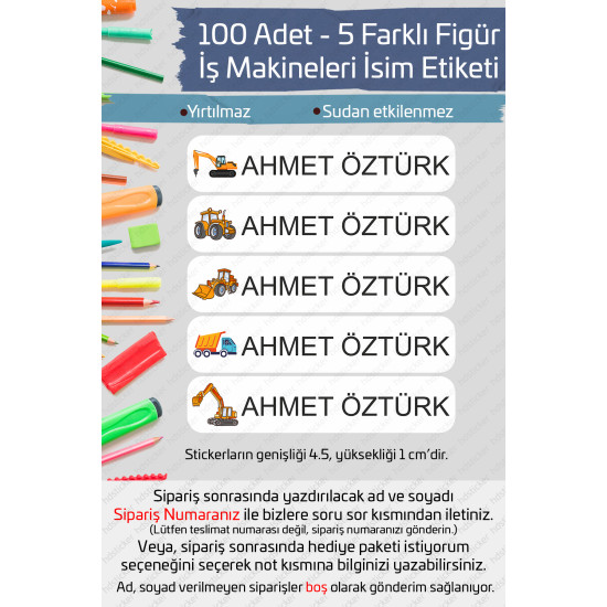 100 Adet İş Makineleri İsme Özel Okul Etiketi Kalem Defter Özel İsim Yazılabilen Sticker P1 100 Adet İş Makineleri İsme Özel Okul Etiketi Kalem Defter Özel İsim Yazılabilen Sticker P1