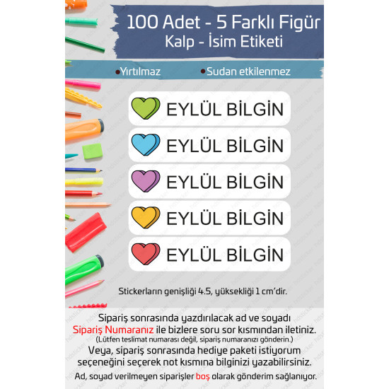 100 Adet Kalp İsme Özel Okul Etiketi Kalem Defter Özel İsim Yazılabilen Sticker P1 100 Adet Kalp İsme Özel Okul Etiketi Kalem Defter Özel İsim Yazılabilen Sticker P1