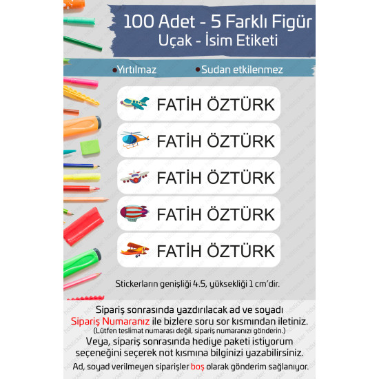 100 Adet Uçak İsme Özel Okul Etiketi Kalem Defter Özel İsim Yazılabilen Sticker P1