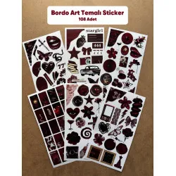 108 Adet Bordo Temalı Sticker Seti Ajanda Planner Bullet Journal Sanat Art Cherry Etiket Çıkartma