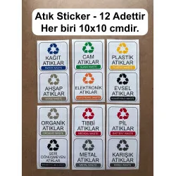 12 Adet Atık Sınıflandırma Sticker Seti - Plastik, Kağıt, Cam, Metal, Pil, Tıbbi ve Daha Fazlası