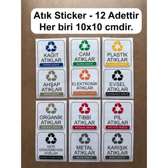 12 Adet Atık Sınıflandırma Sticker Seti - Plastik, Kağıt, Cam, Metal, Pil, Tıbbi ve Daha Fazlası 12 Adet Atık Sınıflandırma Sticker Seti - Plastik, Kağıt, Cam, Metal, Pil, Tıbbi ve Daha Fazlası