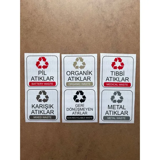 12 Adet Atık Sınıflandırma Sticker Seti - Plastik, Kağıt, Cam, Metal, Pil, Tıbbi ve Daha Fazlası 12 Adet Atık Sınıflandırma Sticker Seti - Plastik, Kağıt, Cam, Metal, Pil, Tıbbi ve Daha Fazlası