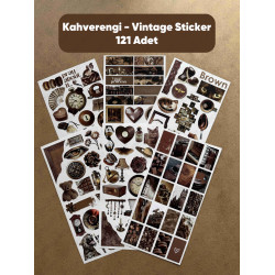 121 Adet Kahverengi Temalı Sticker Seti Ajanda Planner Vintage Retro Bullet Journal Sanat Art Brown Etiket Çıkartma
