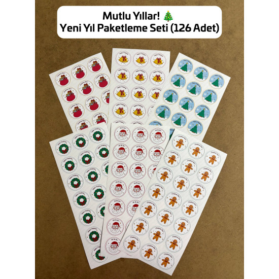 126 Adet Yılbaşı Yeni Yıl Hediye Paketleme Sticker Etiket Seti Mutlu Yıllar Ambalaj Süsleme P3