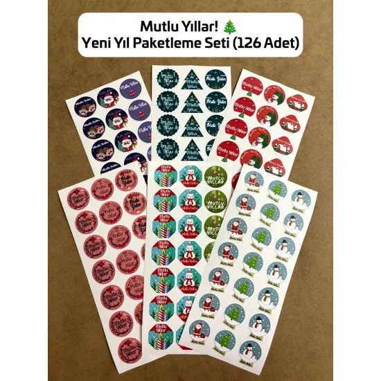 126 Adet Yılbaşı Yeni Yıl Mutlu Yıllar Sticker Etiket Hediye Paketleme Ambalaj Süsleme Dekor P10