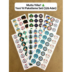 126 Adet Yılbaşı Yeni Yıl Mutlu Yıllar Sticker Etiket Seti Hediye Paketleme Ambalaj Süsleme P1