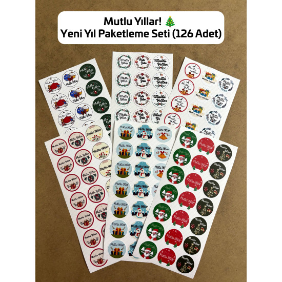 126 Adet Yılbaşı Yeni Yıl Mutlu Yıllar Temalı Sticker Etiket Hediye Paketleme Ambalaj Süsleme P7