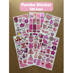 128 Adet Pembe Temalı Sticker Ajanda Planner Bullet Journal Sanat Art Pink Estetik Etiket Çıkartma