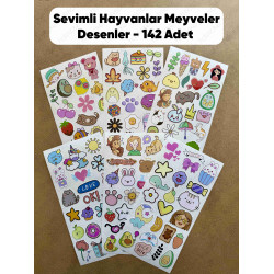 142 Adet Sevimli Etiket Kedi, Çiçek, Sebze, Pasta, Hayvan, Meyve, Dondurma, Avokado, Yıldız, Öğretici Çocuk Odası Sticker Seti