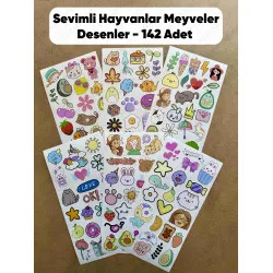 142 Adet Sevimli Etiket Kedi, Çiçek, Sebze, Pasta, Hayvan, Meyve, Dondurma, Avokado, Yıldız, Öğretici Çocuk Odası Sticker Seti