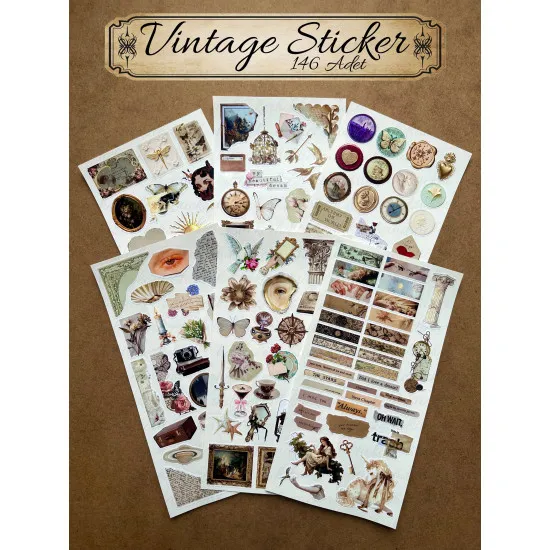 146 Adet Vintage Temalı Sticker Seti Planner Ajanda Art Laptop Tablet Telefon Bullet Journal Etiket