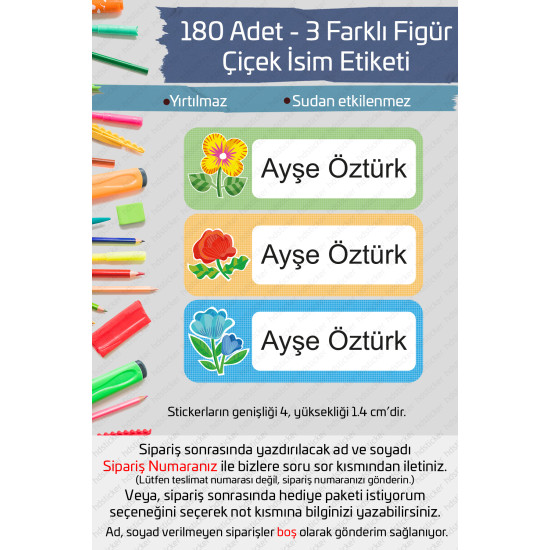 180 Adet Çiçek Temalı İsme Özel Okul Etiketi Kalem Defter Özel İsim Yazılabilen Sticker