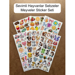 190 Adet Sevimli Etiket Kedi, Çiçek, Sebze, Pasta, Hayvan, Meyve Öğretici Çocuk Odası Sticker Seti