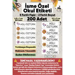 200 Adet Çiçek Desenli İsme Özel Okul Etiketi Kişiye Özel İsim Baskılı Kalem Defter Kitap Matara Beslenme Çantası Kreş Anaokulu Öğrenci Sticker Seti Suya Dayanıklı Silinmez Yıkanabilir Folyo Çıkartma