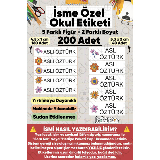 200 Adet Çiçek Desenli İsme Özel Okul Etiketi Kişiye Özel İsim Baskılı Kalem Defter Kitap Matara Beslenme Çantası Kreş Anaokulu Öğrenci Sticker Seti Suya Dayanıklı Silinmez Yıkanabilir Folyo Çıkartma