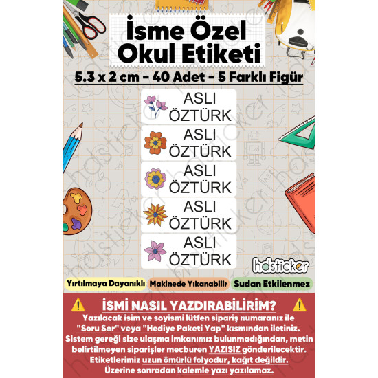 200 Adet Çiçek Desenli İsme Özel Okul Etiketi Kişiye Özel İsim Baskılı Kalem Defter Kitap Matara Beslenme Çantası Kreş Anaokulu Öğrenci Sticker Seti Suya Dayanıklı Silinmez Yıkanabilir Folyo Çıkartma