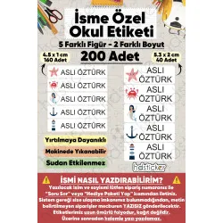 200 Adet Deniz Desenli İsme Özel Okul Etiketi Kişiye Özel İsim Baskılı Kalem Defter Kitap Matara Beslenme Çantası Kreş Anaokulu Öğrenci Sticker Seti Suya Dayanıklı Silinmez Yıkanabilir Folyo Çıkartma