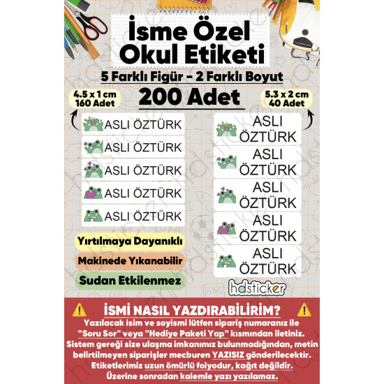 200 Adet Kurbağa Desenli İsme Özel Okul Etiketi Kişiye Özel İsim Baskılı Kalem Defter Kitap Matara Beslenme Çantası Kreş Anaokulu Öğrenci Sticker Seti Suya Dayanıklı Silinmez Folyo Çıkartma 200 Adet Kurbağa Desenli İsme Özel Okul Etiketi Kişiye Özel İsim Baskılı Kalem Defter Kitap Matara Beslenme Çantası Kreş Anaokulu Öğrenci Sticker Seti Suya Dayanıklı Silinmez Folyo Çıkartma