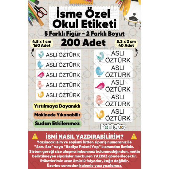 200 Adet Kuş Desenli İsme Özel Okul Etiketi Kişiye Özel İsim Baskılı Kalem Defter Kitap Matara Beslenme Çantası Kreş Anaokulu Öğrenci Sticker Seti Suya Dayanıklı Silinmez Folyo Yıkanabilir Çıkartma