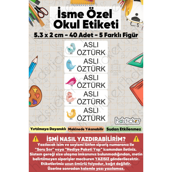 200 Adet Kuş Desenli İsme Özel Okul Etiketi Kişiye Özel İsim Baskılı Kalem Defter Kitap Matara Beslenme Çantası Kreş Anaokulu Öğrenci Sticker Seti Suya Dayanıklı Silinmez Folyo Yıkanabilir Çıkartma