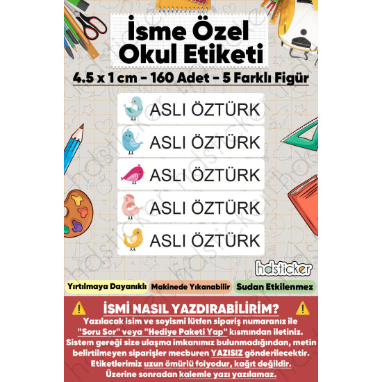 200 Adet Kuş Desenli İsme Özel Okul Etiketi Kişiye Özel İsim Baskılı Kalem Defter Kitap Matara Beslenme Çantası Kreş Anaokulu Öğrenci Sticker Seti Suya Dayanıklı Silinmez Folyo Yıkanabilir Çıkartma