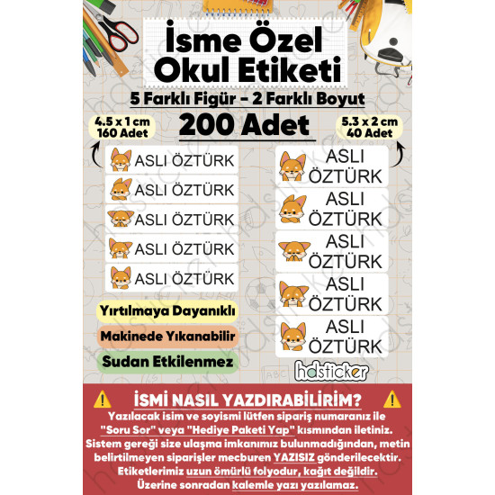 200 Adet Tilki Desenli İsme Özel Okul Etiketi Kişiye Özel İsim Baskılı Kalem Defter Kitap Matara Beslenme Çantası Kreş Anaokulu Öğrenci Sticker Seti Suya Dayanıklı Silinmez Folyo Yıkanabilir Çıkartma