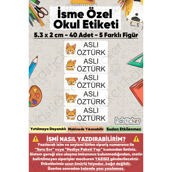 200 Adet Tilki Desenli İsme Özel Okul Etiketi Kişiye Özel İsim Baskılı Kalem Defter Kitap Matara Beslenme Çantası Kreş Anaokulu Öğrenci Sticker Seti Suya Dayanıklı Silinmez Folyo Yıkanabilir Çıkartma