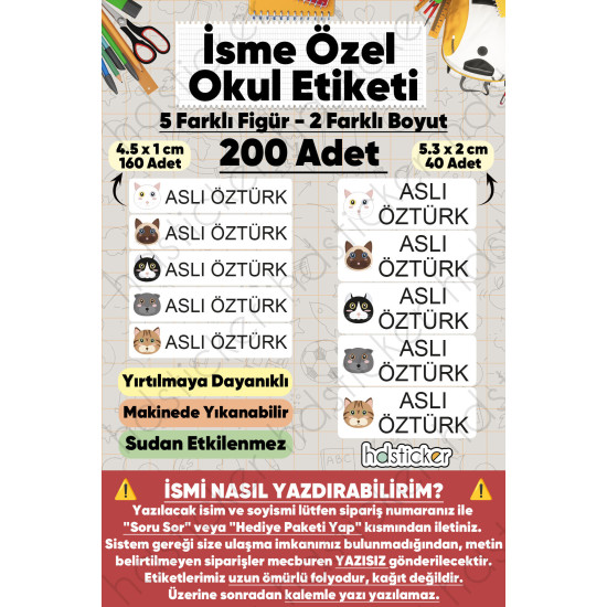 200 Adet Kedi Desenli İsme Özel Okul Etiketi Kişiye Özel İsim Baskılı Kalem Defter Kitap Matara Beslenme Çantası Kreş Anaokulu Öğrenci Sticker Seti Suya Dayanıklı Silinmez Folyo Yıkanabilir Çıkartma 200 Adet Kedi Desenli İsme Özel Okul Etiketi Kişiye Özel İsim Baskılı Kalem Defter Kitap Matara Beslenme Çantası Kreş Anaokulu Öğrenci Sticker Seti Suya Dayanıklı Silinmez Folyo Yıkanabilir Çıkartma