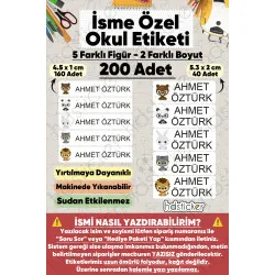 200 Adet Sevimli Hayvanlar Desenli İsme Özel Okul Etiketi Kişiye Özel İsim Baskılı Kalem Defter Kitap Matara Beslenme Çantası Kreş Anaokulu Öğrenci Sticker Seti Suya Dayanıklı Silinmez Folyo Çıkartma