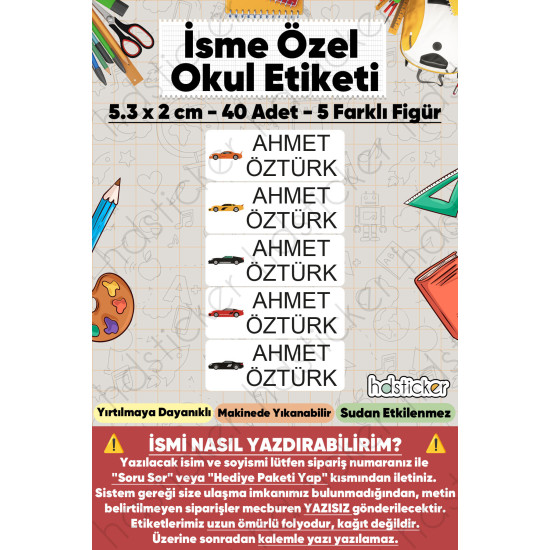 200 Adet Araba Desenli İsme Özel Okul Etiketi Kişiye Özel İsim Baskılı Kalem Defter Kitap Matara Beslenme Çantası Kreş Anaokulu Öğrenci Sticker Seti Suya Dayanıklı Silinmez Yıkanabilir Folyo Çıkartma 200 Adet Araba Desenli İsme Özel Okul Etiketi Kişiye Özel İsim Baskılı Kalem Defter Kitap Matara Beslenme Çantası Kreş Anaokulu Öğrenci Sticker Seti Suya Dayanıklı Silinmez Yıkanabilir Folyo Çıkartma