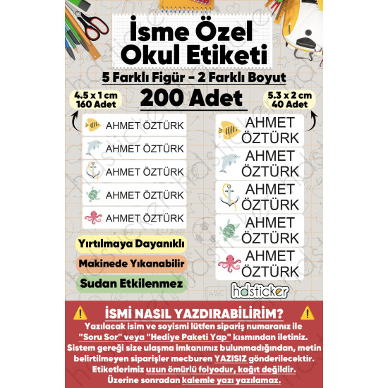 200 Adet Deniz Desenli İsme Özel Okul Etiketi Kişiye Özel İsim Baskılı Kalem Defter Kitap Matara Beslenme Çantası Kreş Anaokulu Öğrenci Sticker Seti Suya Dayanıklı Silinmez Yıkanabilir Folyo Çıkartma