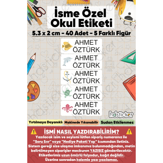 200 Adet Deniz Desenli İsme Özel Okul Etiketi Kişiye Özel İsim Baskılı Kalem Defter Kitap Matara Beslenme Çantası Kreş Anaokulu Öğrenci Sticker Seti Suya Dayanıklı Silinmez Yıkanabilir Folyo Çıkartma