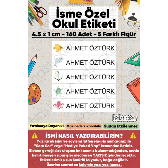 200 Adet Deniz Desenli İsme Özel Okul Etiketi Kişiye Özel İsim Baskılı Kalem Defter Kitap Matara Beslenme Çantası Kreş Anaokulu Öğrenci Sticker Seti Suya Dayanıklı Silinmez Yıkanabilir Folyo Çıkartma