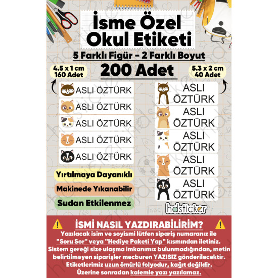 200 Adet Kedi Desenli İsme Özel Okul Etiketi Kişiye Özel İsim Baskılı Kalem Defter Kitap Matara Beslenme Çantası Kreş Anaokulu Öğrenci Sticker Seti Suya Dayanıklı Silinmez Folyo Yıkanabilir Çıkartma