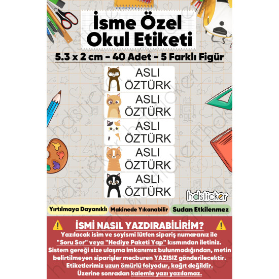 200 Adet Kedi Desenli İsme Özel Okul Etiketi Kişiye Özel İsim Baskılı Kalem Defter Kitap Matara Beslenme Çantası Kreş Anaokulu Öğrenci Sticker Seti Suya Dayanıklı Silinmez Folyo Yıkanabilir Çıkartma