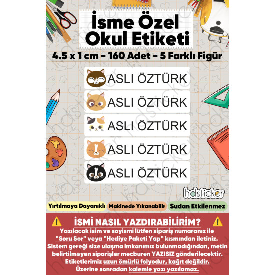 200 Adet Kedi Desenli İsme Özel Okul Etiketi Kişiye Özel İsim Baskılı Kalem Defter Kitap Matara Beslenme Çantası Kreş Anaokulu Öğrenci Sticker Seti Suya Dayanıklı Silinmez Folyo Yıkanabilir Çıkartma