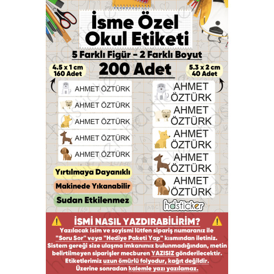 200 Adet Köpek Desenli İsme Özel Okul Etiketi Kişiye Özel İsim Baskılı Kalem Defter Kitap Matara Beslenme Çantası Kreş Anaokulu Öğrenci Sticker Seti Suya Dayanıklı Silinmez Folyo Yıkanabilir Çıkartma