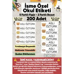 200 Adet Sevimli Hayvanlar Desenli İsme Özel Okul Etiketi Kişiye Özel İsim Baskılı Kalem Defter Kitap Matara Beslenme Çantası Kreş Anaokulu Öğrenci Sticker Seti Suya Dayanıklı Silinmez Folyo Çıkartma
