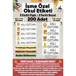 200 Adet Sevimli Hayvanlar Desenli İsme Özel Okul Etiketi Kişiye Özel İsim Baskılı Kalem Defter Kitap Matara Beslenme Çantası Kreş Anaokulu Öğrenci Sticker Seti Suya Dayanıklı Silinmez Folyo Çıkartma
