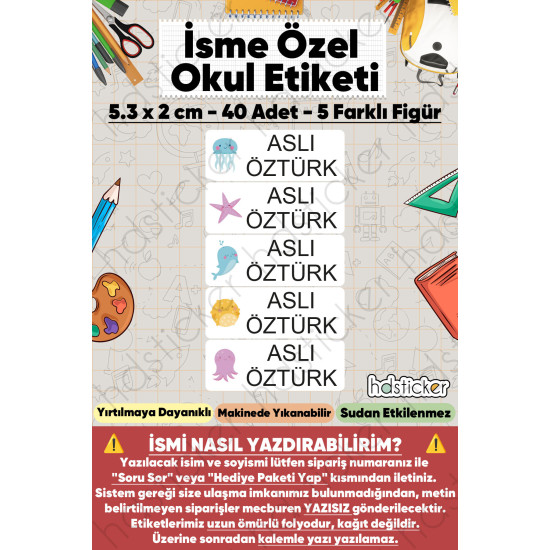 200 Adet Deniz Desenli İsme Özel Okul Etiketi Kişiye Özel İsim Baskılı Kalem Defter Kitap Matara Beslenme Çantası Kreş Anaokulu Öğrenci Sticker Seti Suya Dayanıklı Silinmez Yıkanabilir Folyo Çıkartma