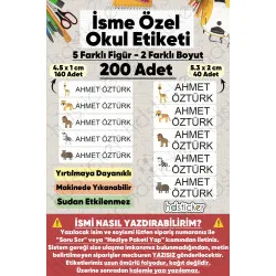 200 Adet Sevimli Hayvanlar Desenli İsme Özel Okul Etiketi Kişiye Özel İsim Baskılı Kalem Defter Kitap Matara Beslenme Çantası Kreş Anaokulu Öğrenci Sticker Seti Suya Dayanıklı Silinmez Folyo Çıkartma