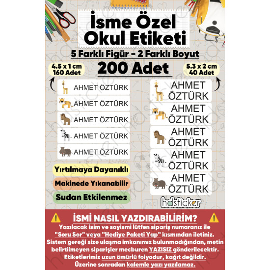 200 Adet Sevimli Hayvanlar Desenli İsme Özel Okul Etiketi Kişiye Özel İsim Baskılı Kalem Defter Kitap Matara Beslenme Çantası Kreş Anaokulu Öğrenci Sticker Seti Suya Dayanıklı Silinmez Folyo Çıkartma