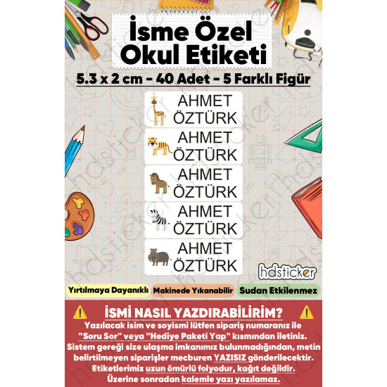 200 Adet Sevimli Hayvanlar Desenli İsme Özel Okul Etiketi Kişiye Özel İsim Baskılı Kalem Defter Kitap Matara Beslenme Çantası Kreş Anaokulu Öğrenci Sticker Seti Suya Dayanıklı Silinmez Folyo Çıkartma