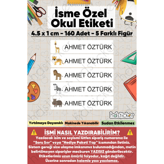 200 Adet Sevimli Hayvanlar Desenli İsme Özel Okul Etiketi Kişiye Özel İsim Baskılı Kalem Defter Kitap Matara Beslenme Çantası Kreş Anaokulu Öğrenci Sticker Seti Suya Dayanıklı Silinmez Folyo Çıkartma