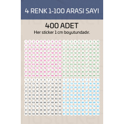 400 Adet 1-100 Sayılar Renkli Sticker 1 cm Etiket Çıkartma Okul, Ofis, Planlayıcı Kullanımı