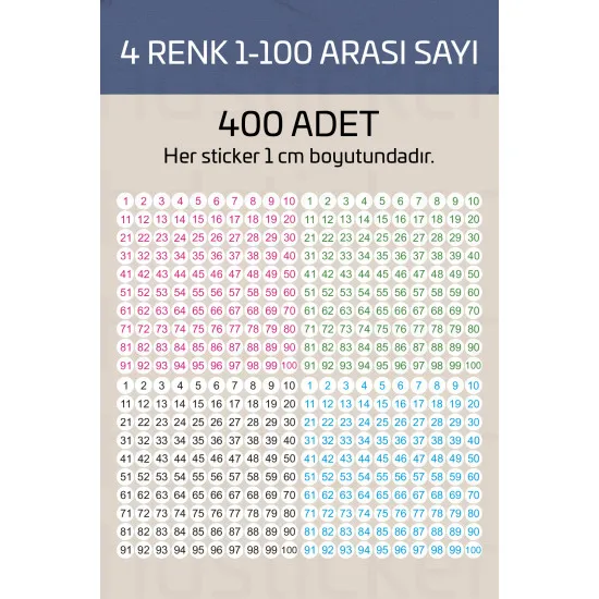400 Adet 1-100 Sayılar Renkli Sticker 1 cm Etiket Çıkartma Okul, Ofis, Planlayıcı Kullanımı 400 Adet 1-100 Sayılar Renkli Sticker 1 cm Etiket Çıkartma Okul, Ofis, Planlayıcı Kullanımı