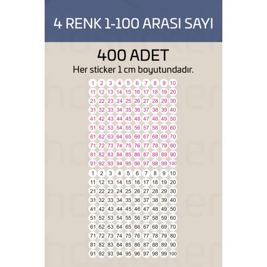 400 Adet 1-100 Sayılar Renkli Sticker 1 cm Etiket Çıkartma Okul, Ofis, Planlayıcı Kullanımı 400 Adet 1-100 Sayılar Renkli Sticker 1 cm Etiket Çıkartma Okul, Ofis, Planlayıcı Kullanımı