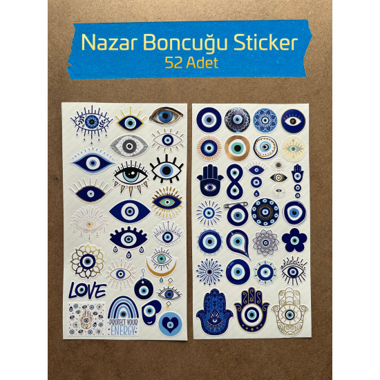 52 Adet Nazar Boncuğu Temalı Sticker - Bullet Journal, Ajanda, Defter, Süsleme Paketleme Etiket Seti 52 Adet Nazar Boncuğu Temalı Sticker - Bullet Journal, Ajanda, Defter, Süsleme Paketleme Etiket Seti